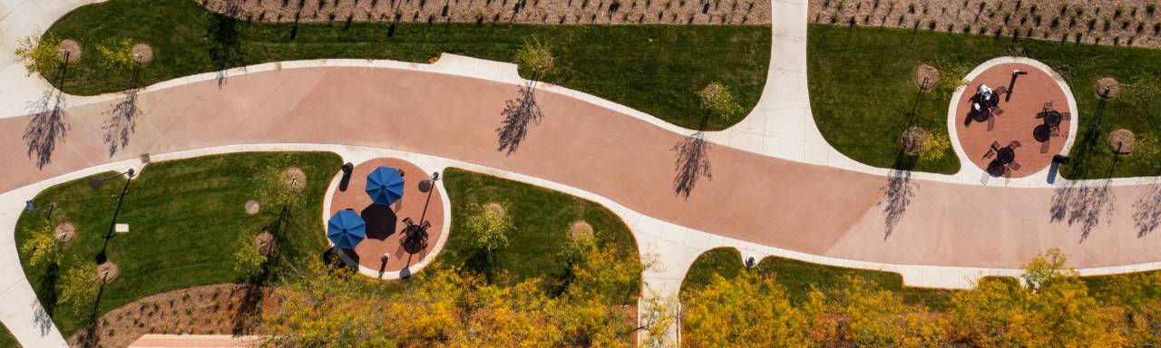 Pew Campus pathway drone shot